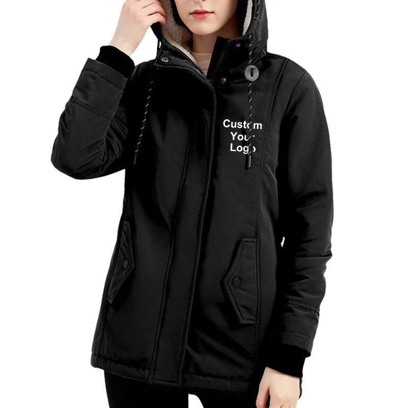 Women Fashion Custom Your Logo Jacket Winter Warm Lined Jacket Coat Casual Hooded Outwear Parka Jacket with Pockets