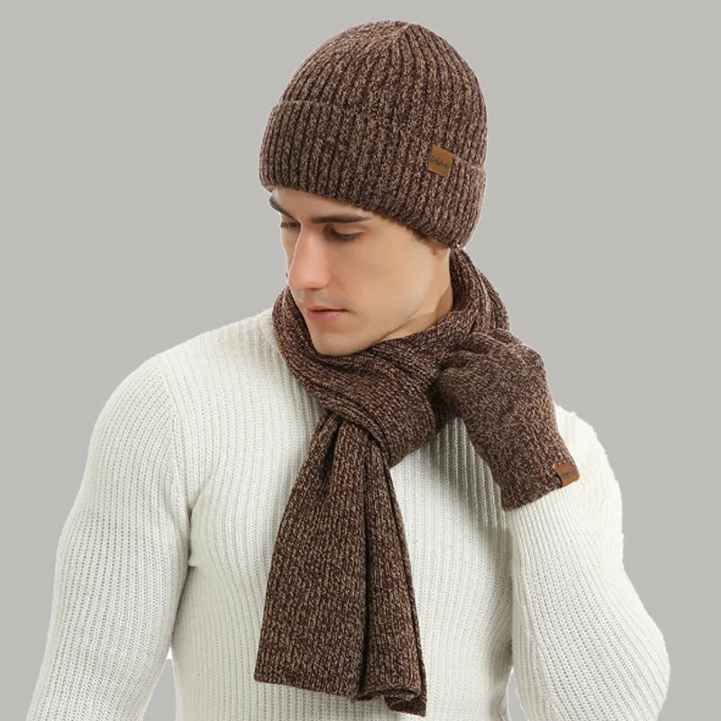 Men's Autumn Winter Keep Warm Set Beanie Gloves Scarf Male Woolen Yarn Knitted Muffler Spring Fall Hat Solid Color Neckerchief