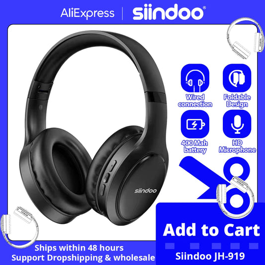 Siindoo JH-919 Wireless Bluetooth Headphones Foldable Stereo Earphones Super Bass Noise Cancelling Mic For Iphone Laptop PC TV