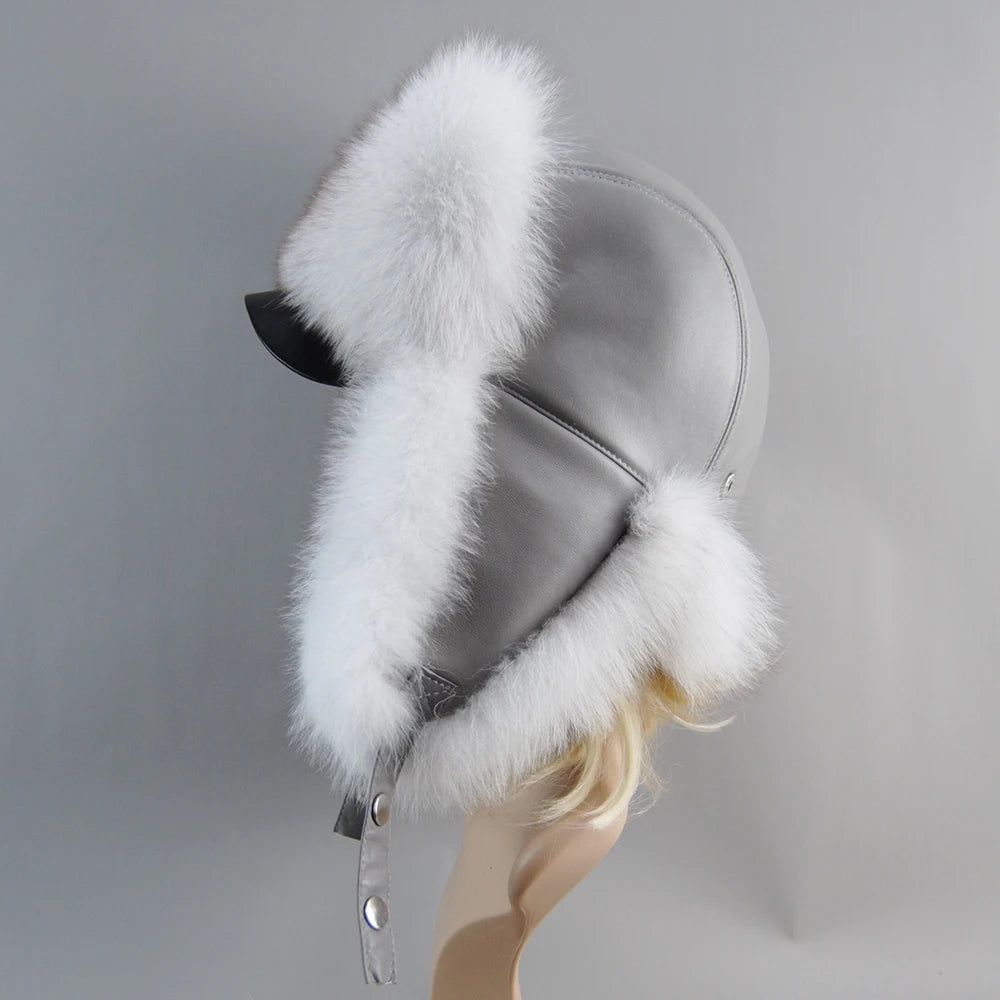 2024 Winter Women's Genuine Fox Fur Hat – 100% Natural Leather Cap with Soft, Warm, and Stylish Russian Fox Fur Bomber Hat for Casual Wear"