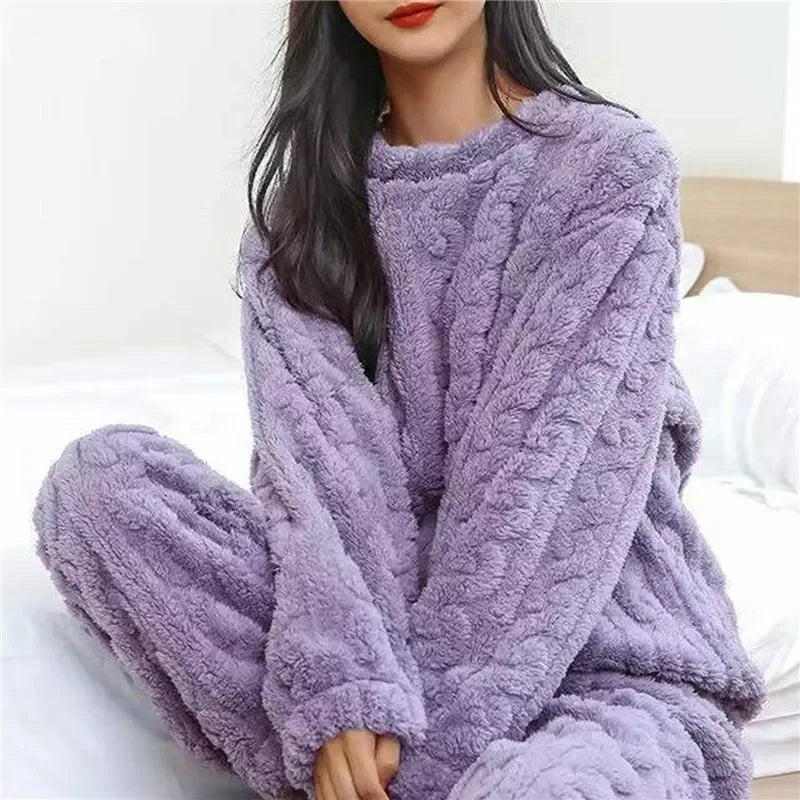 2 Sleepwear Women Piece Suit New Fleece Pajamas Night Warm Home Solid Fluffy Velvet Set Piiama Pant Wear Winter Casual O-neck