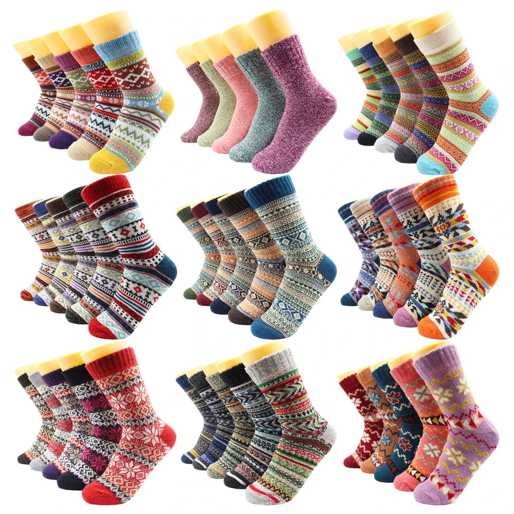 5 Pairs of Winter Warm Socks for Women – Thick Thermal Wool & Cashmere Snow Socks, Stylish Euramerican National Knit Design"