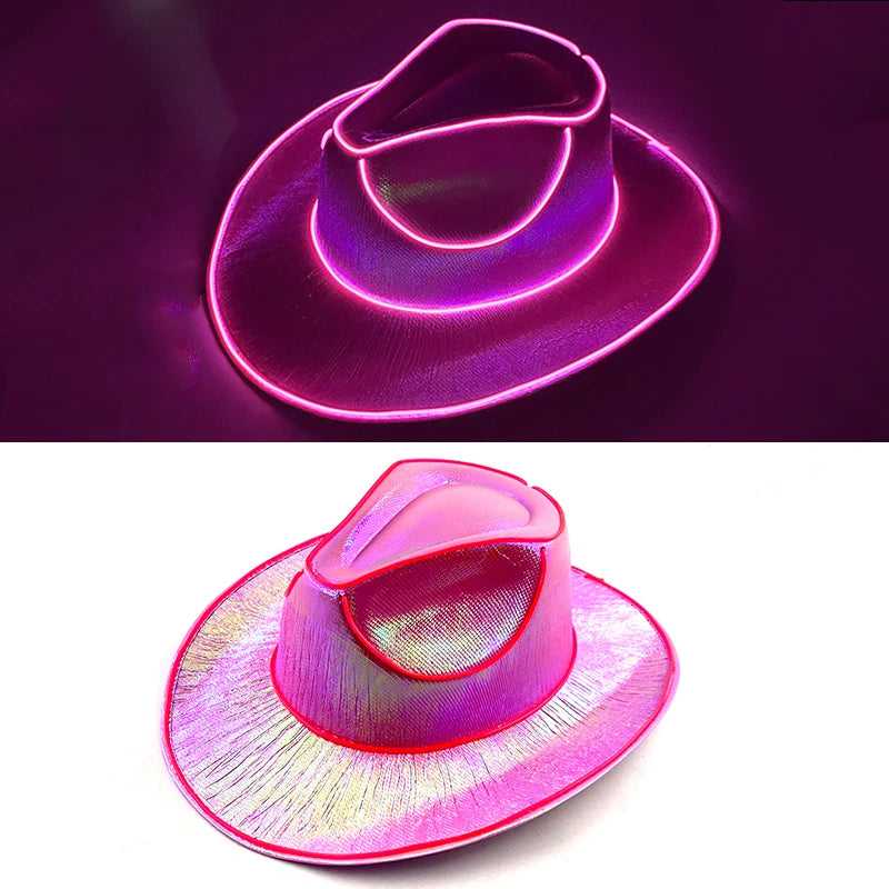 Hot Cowgirl Hat Men and Women's EL Wire Glow Cowboy Hat Wedding Party Supplies Glowing Jazz Hat Stage Shining Caps Photo Props