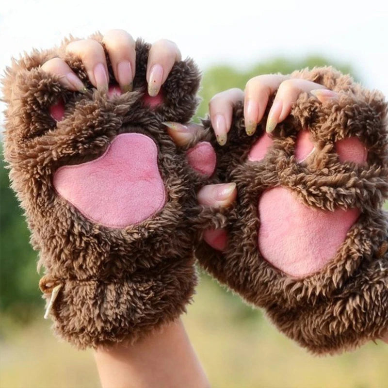 Winter Cat Paw Gloves – Cute Cartoon Open-Finger Design, Thickened Fluffy Bear Paw Half Gloves for Girls, Warm and Cozy