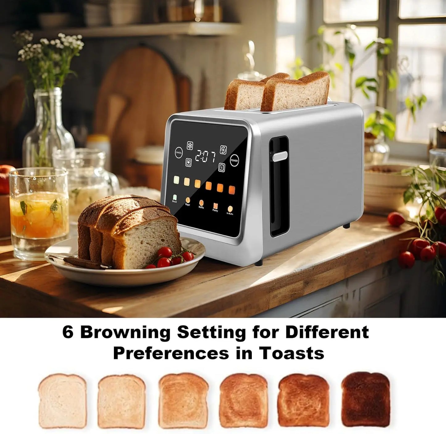 Touch Screen Toaster 2 Slice Bagel Toaster with LCD Display Stainless Steel Smart Digital Toasters with Single Slot Toasting