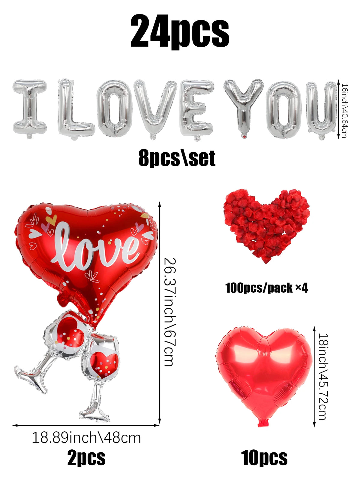 24-Piece Valentine's Day "I Love You" Balloon Set – 16-Inch Silver Balloons for Valentine’s Day and Anniversaries