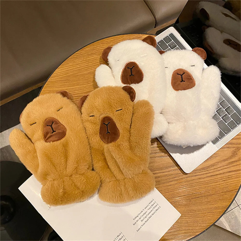 Women Girls Capybara Plush Gloves Fashion Cycling Neck Warmers Neck Scarf Windproof Mittens  Driving Running Accessories