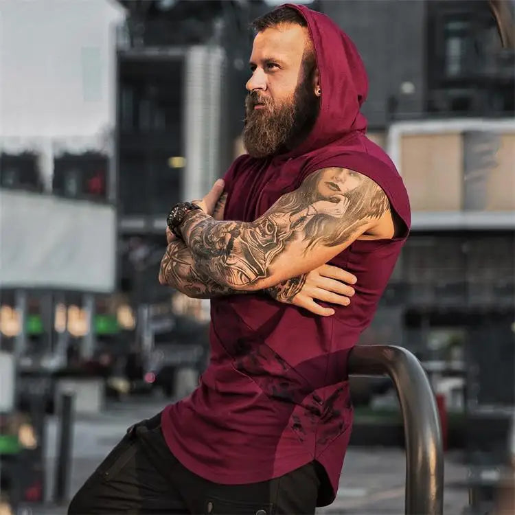 Men's leisure sports vest fitness show muscle men's sports leisure running training clothes sleeveless hooded vest outdoor stree