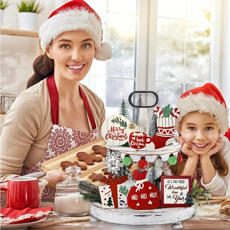 Christmas Tiered Tray Set – Wooden Farmhouse Decor with Bell, Coffee Cup, Snowflake Cookie, and Wooden Signs for Festive Holiday Styling