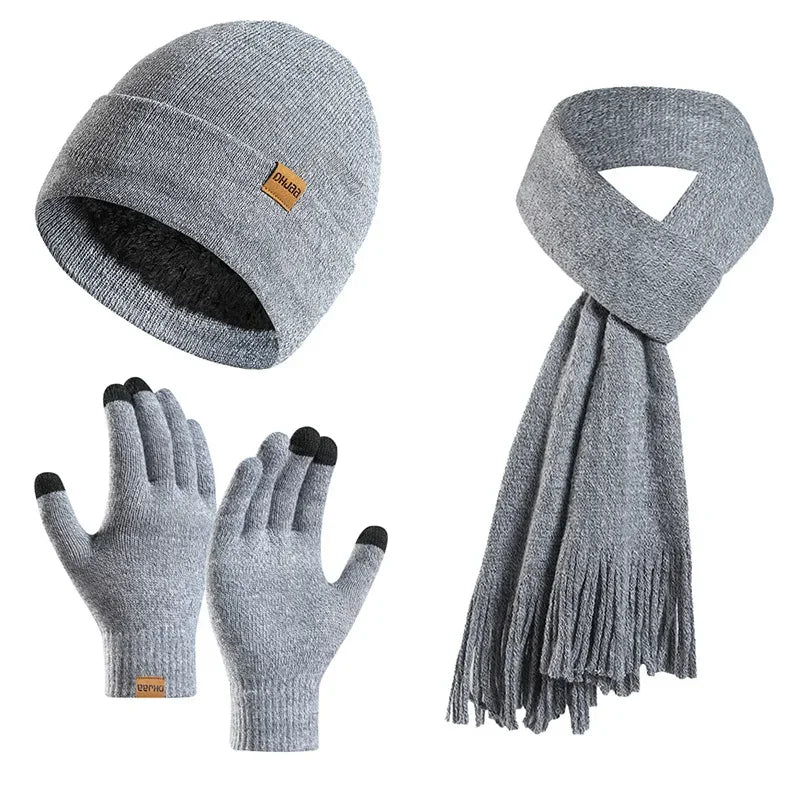 Fashion Plush Knitted Hat, Scarf, Gloves for Men and Women Winter Warm Woolen Yarn Three Piece Set Clothing Accessories Gift