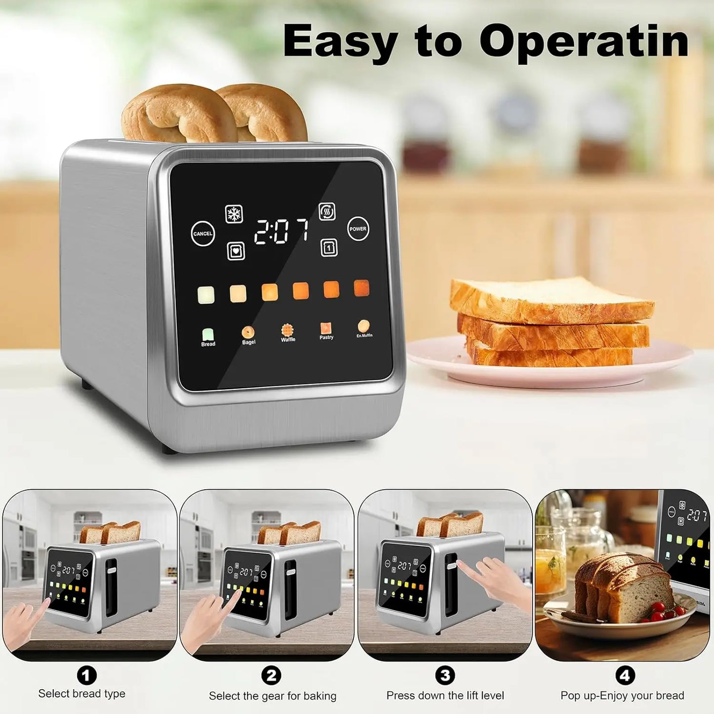 Touch Screen Toaster 2 Slice Bagel Toaster with LCD Display Stainless Steel Smart Digital Toasters with Single Slot Toasting