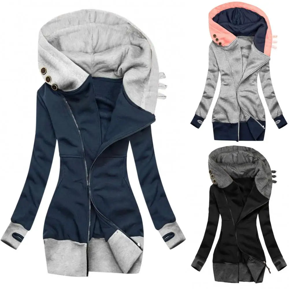 Women Autumn Winter Hoodie Coat Long Sleeve Pocket Zipper Mid-length Jacket Large Size Denim Jacket 2021