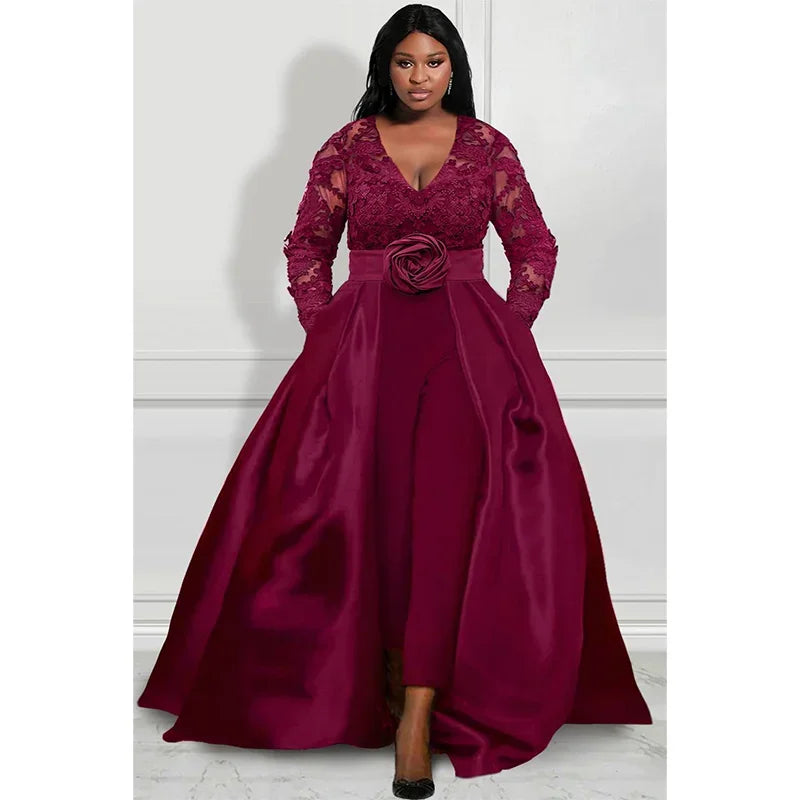 Women's Plus Size Formal Jumpsuit – Burgundy Satin with V-Neck Lace, Long Sleeves, and Overlay Skirt, Elegant Vestidos para Mujer