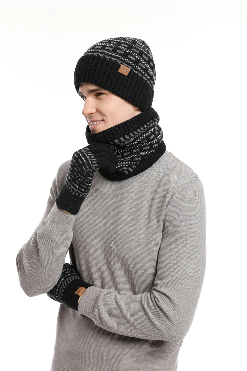 Men's Winter Keep Warm Set Unisex Beanie Telefingers Gloves Fleece Lining Scarf Male Woolen Yarn Knitted Muffler Neck Gaiter Hat