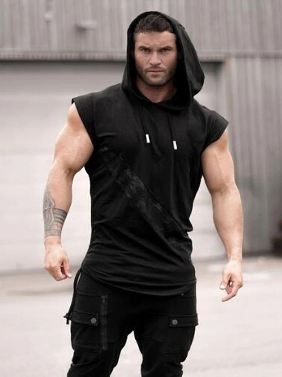 Men's leisure sports vest fitness show muscle men's sports leisure running training clothes sleeveless hooded vest outdoor stree