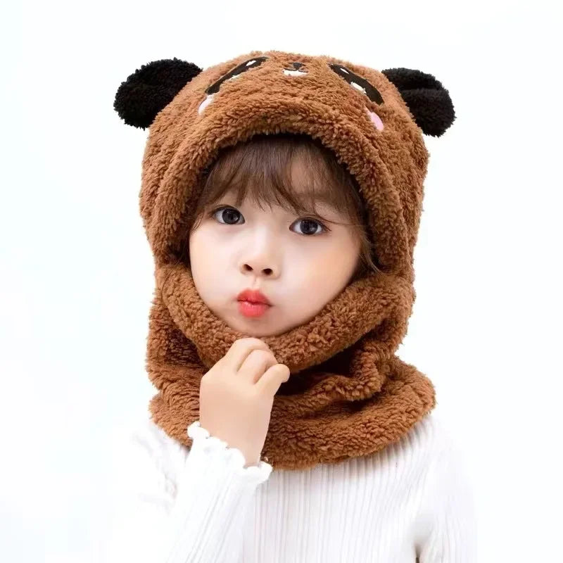 New Autumn & Winter Cute Cartoon Scarf and Hat Set – Double Fleece Warmth for Kids and Adults, Parent-Child Matching Baby Hat for Boys and Girls