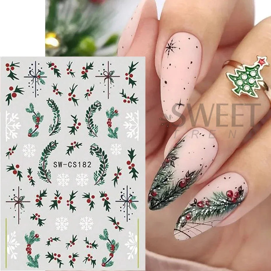 3D Christmas Snowman Nail Art Stickers – Snowflake and Green Leaves Self-Adhesive DIY Winter Decals for Festive Manicure Decoration