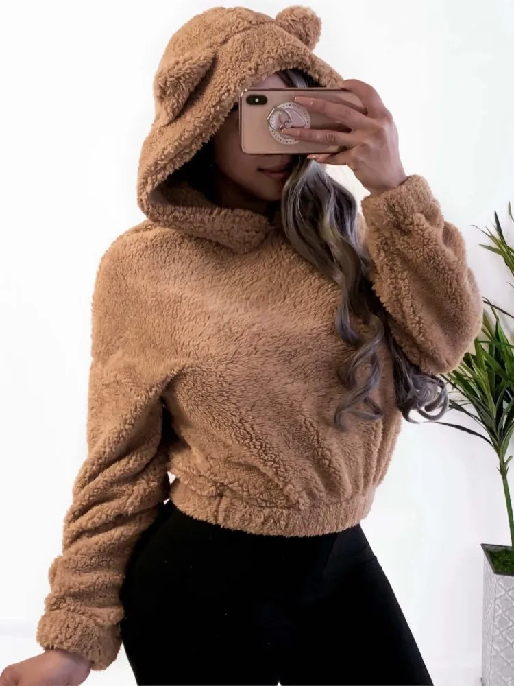 Autumn & Winter Bear Ears Hooded Sweatshirt – Solid Color Plush, Long-Sleeved, Loose-Fit Casual Pullover for Women, Trendy and Cozy