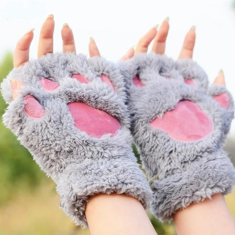 Winter Cat Paw Gloves – Cute Cartoon Open-Finger Design, Thickened Fluffy Bear Paw Half Gloves for Girls, Warm and Cozy