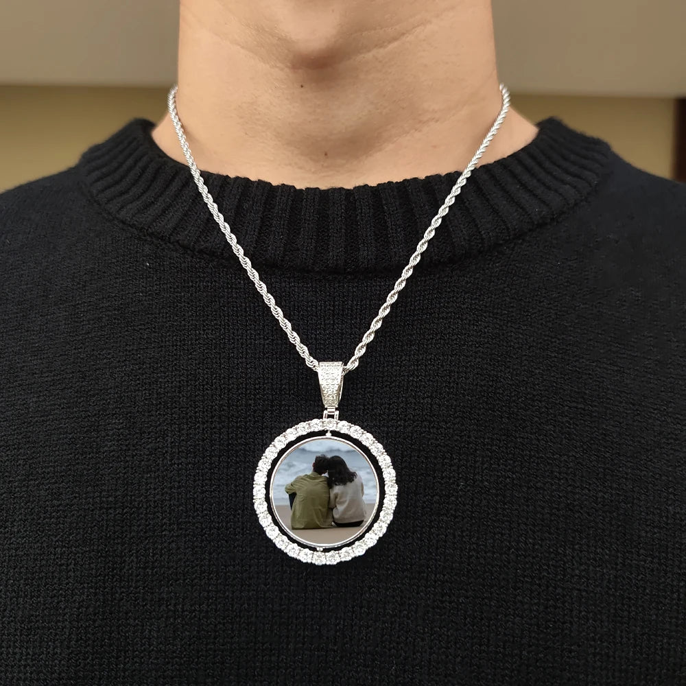 Custom Rotating Double Sides Photo Medallions Pendant Necklace Iced out Circle Photo Chain Pendant Couple Valentine's Day gift
