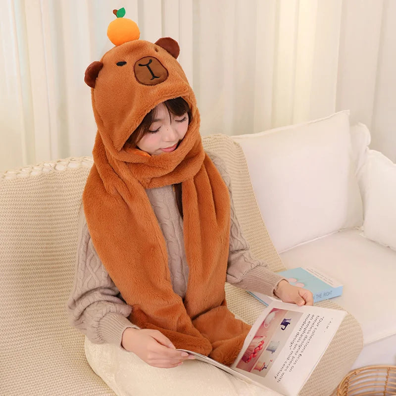 Cartoon High Quality New Capybara Plush Hat Scarf Gloves 3-in-1 Elk Creative Super Soft Warm Christmas Gift For Boys And Girls