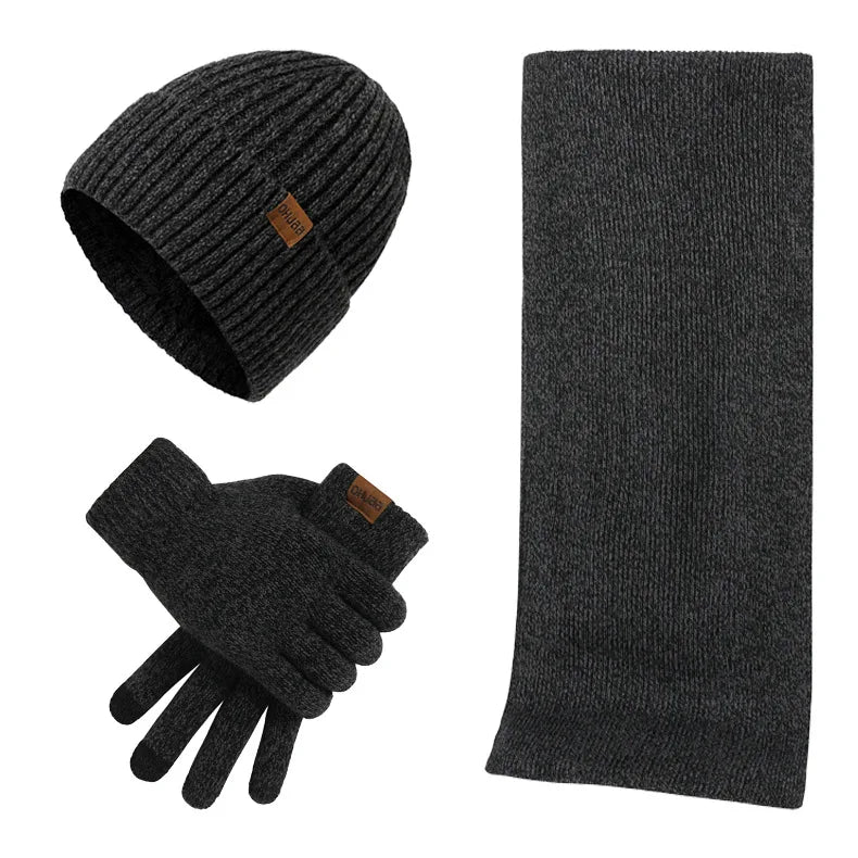 Men's Autumn Winter Keep Warm Set Beanie Gloves Scarf Male Woolen Yarn Knitted Muffler Spring Fall Hat Solid Color Neckerchief