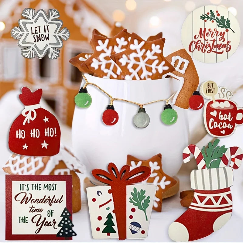 Christmas Tiered Tray Set – Wooden Farmhouse Decor with Bell, Coffee Cup, Snowflake Cookie, and Wooden Signs for Festive Holiday Styling