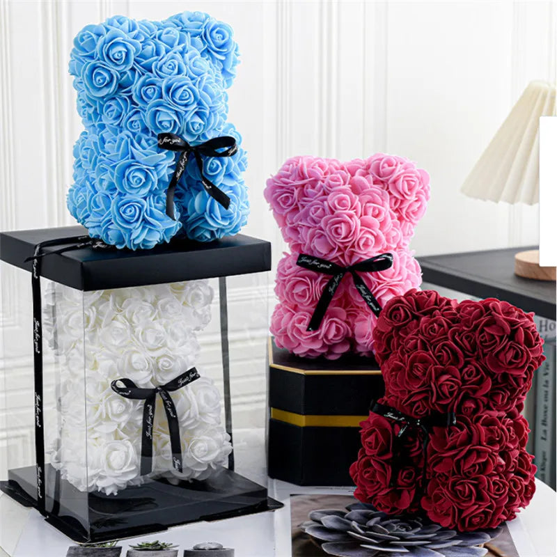 Rose Bear – 20cm Artificial Foam Flower Bear – Romantic Gift for Valentine’s Day, Anniversaries, Weddings, and Birthdays (With Gift Box)