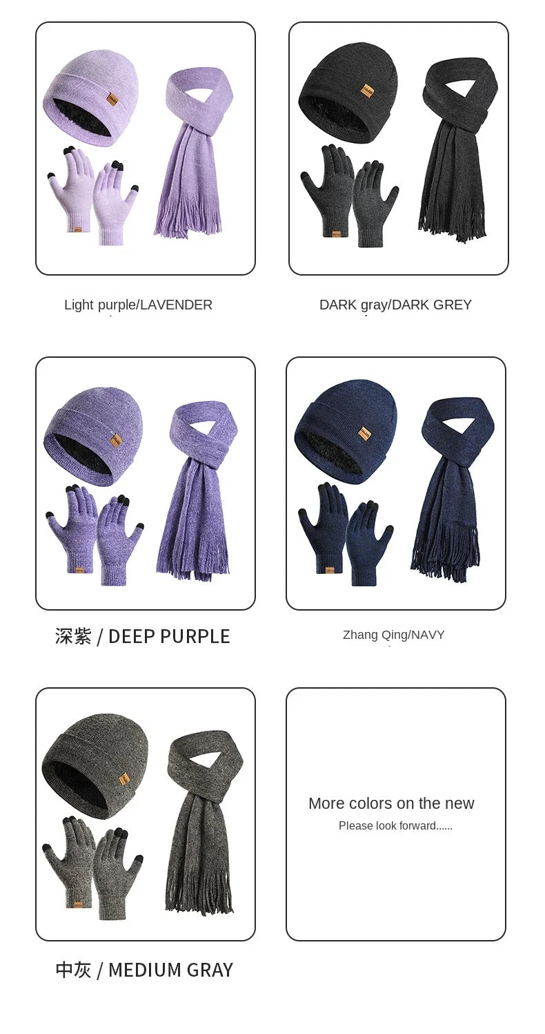 Fashion Plush Knitted Hat, Scarf, Gloves for Men and Women Winter Warm Woolen Yarn Three Piece Set Clothing Accessories Gift