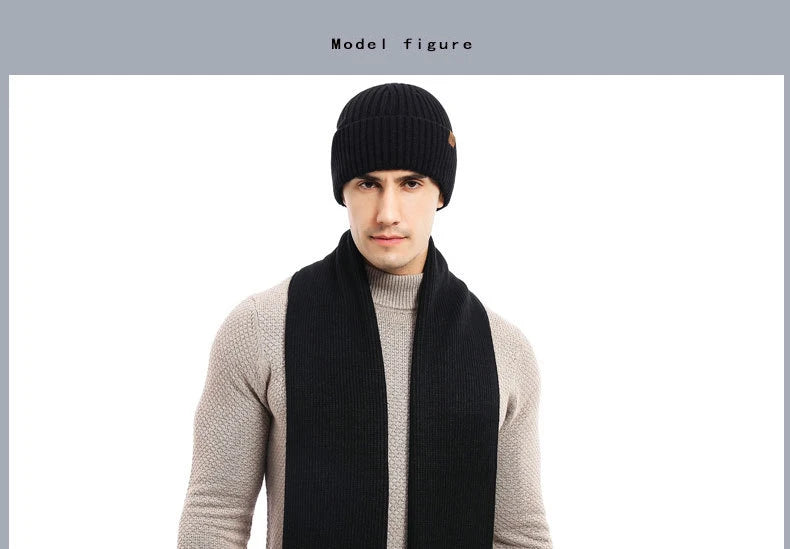 Men's Autumn Winter Keep Warm Set Beanie Gloves Scarf Male Woolen Yarn Knitted Muffler Spring Fall Hat Solid Color Neckerchief