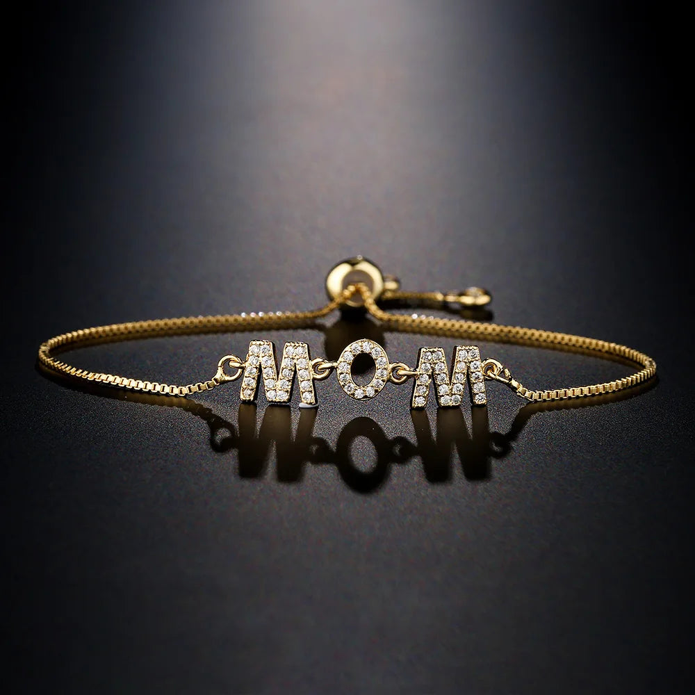 ZAKOL Exquisite Mother's Day Jewelry Gift Mom Letter Sparkling Micropaved Zirconia Gold Color Adjustable Chain Bracelets
