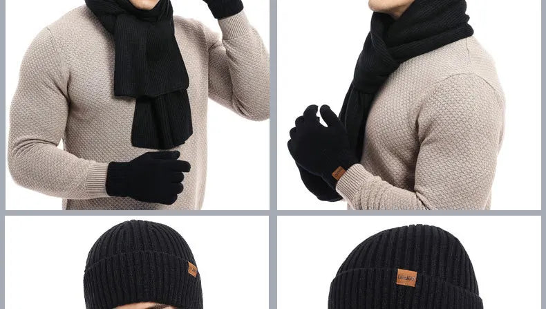 Men's Autumn Winter Keep Warm Set Beanie Gloves Scarf Male Woolen Yarn Knitted Muffler Spring Fall Hat Solid Color Neckerchief