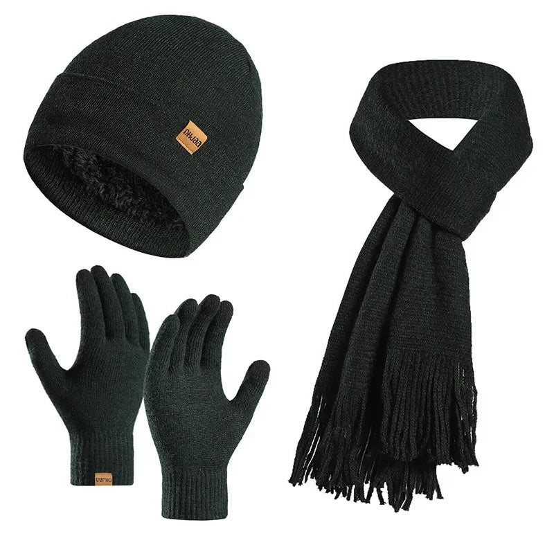 Fashion Plush Knitted Hat, Scarf, Gloves for Men and Women Winter Warm Woolen Yarn Three Piece Set Clothing Accessories Gift