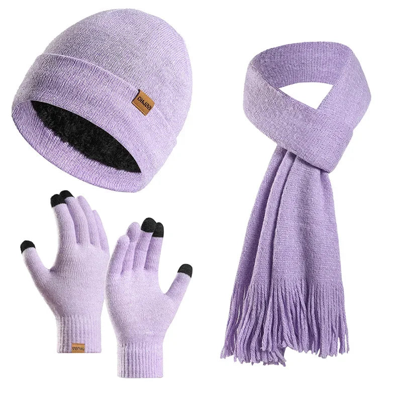 Fashion Plush Knitted Hat, Scarf, Gloves for Men and Women Winter Warm Woolen Yarn Three Piece Set Clothing Accessories Gift