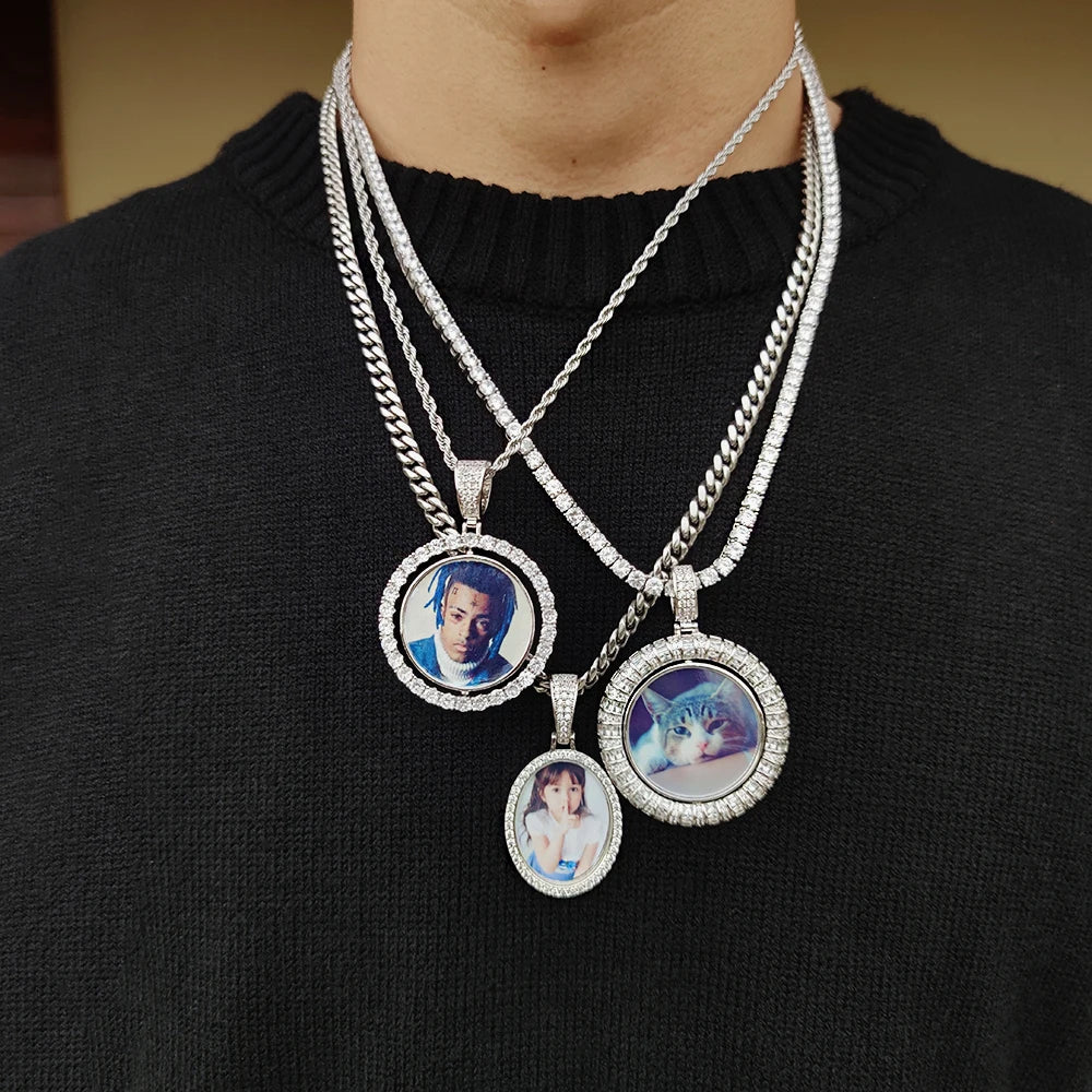 Custom Rotating Double Sides Photo Medallions Pendant Necklace Iced out Circle Photo Chain Pendant Couple Valentine's Day gift
