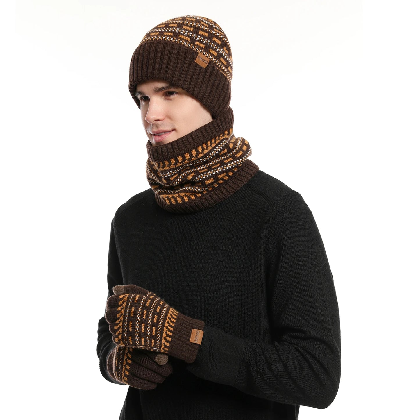 Men's Winter Keep Warm Set Unisex Beanie Telefingers Gloves Fleece Lining Scarf Male Woolen Yarn Knitted Muffler Neck Gaiter Hat