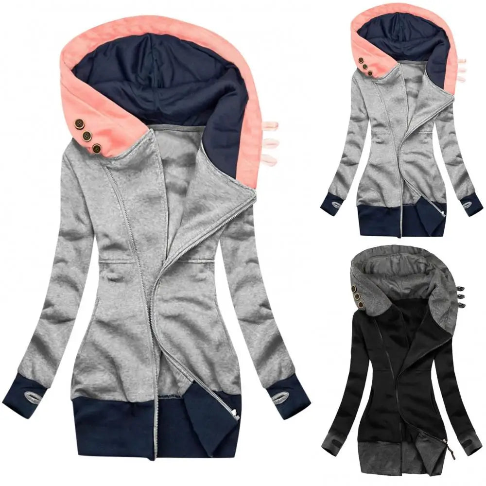 Women Autumn Winter Hoodie Coat Long Sleeve Pocket Zipper Mid-length Jacket Large Size Denim Jacket 2021