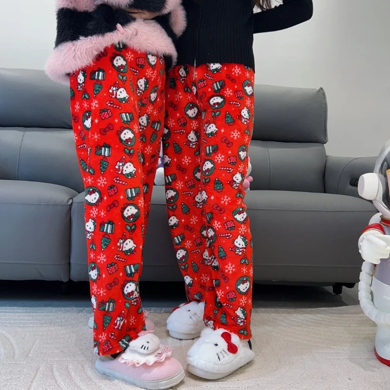 Hello Kitty Christmas Pajamas Pants – 2024 New Flannel Anime Sanrio Design, Cozy Winter Casual Trousers for Men and Women, Loose-Fit Home Pajamas