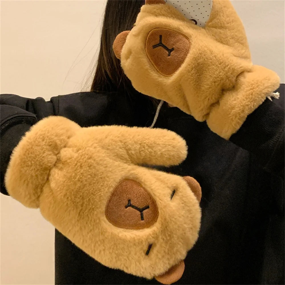 Women Girls Capybara Plush Gloves Fashion Cycling Neck Warmers Neck Scarf Windproof Mittens  Driving Running Accessories