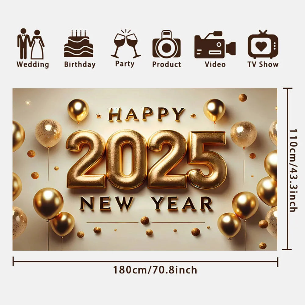 2025 Happy New Year Backdrop Balloon Crown Champagne Background Family Party Supplie Decor Banner Poster Photography Prop