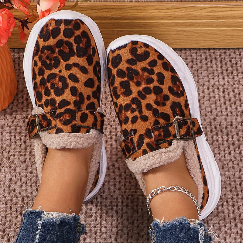 Fashion Leopard Print Wedges Sneakers Women's Faux Wool Lined Thick Sole Sport Shoes Winter New Shallow Running Shoes Mujer