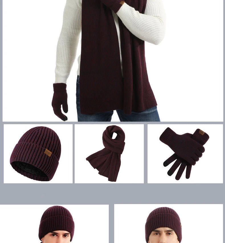 Men's Autumn Winter Keep Warm Set Beanie Gloves Scarf Male Woolen Yarn Knitted Muffler Spring Fall Hat Solid Color Neckerchief