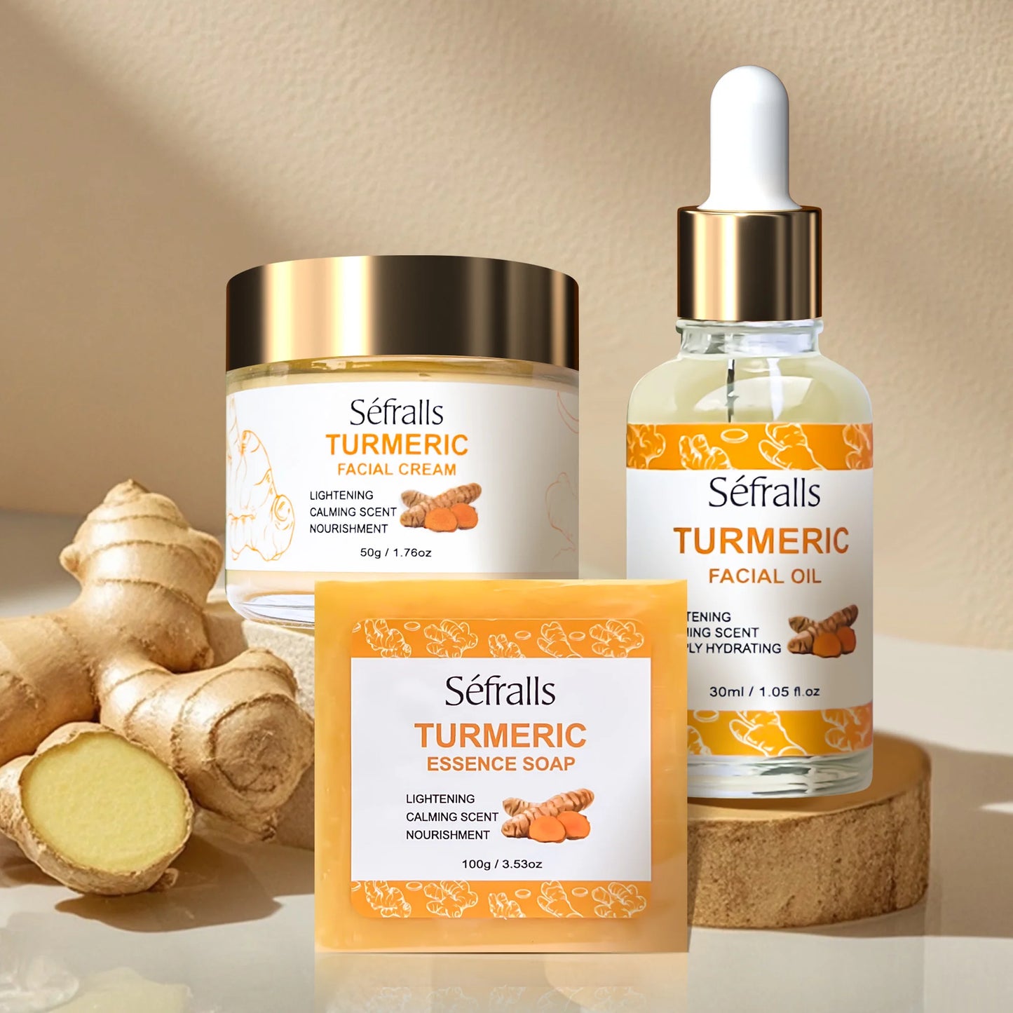 Séfralls Turmeric 3pcs Set (TURMERIC FACIAL CREAM TURMERIC ESSENCE SOAP TURMERIC FACIAL OIL) Plant Extract Cleaning Moisturising