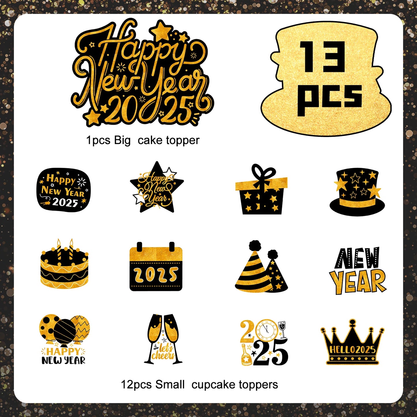 Happy New Year Cake Topper,13pcs Happy New Year 2025 Cupcake Toppers/2025 New Year's Cupcake Toppers&2025 Cake Topper