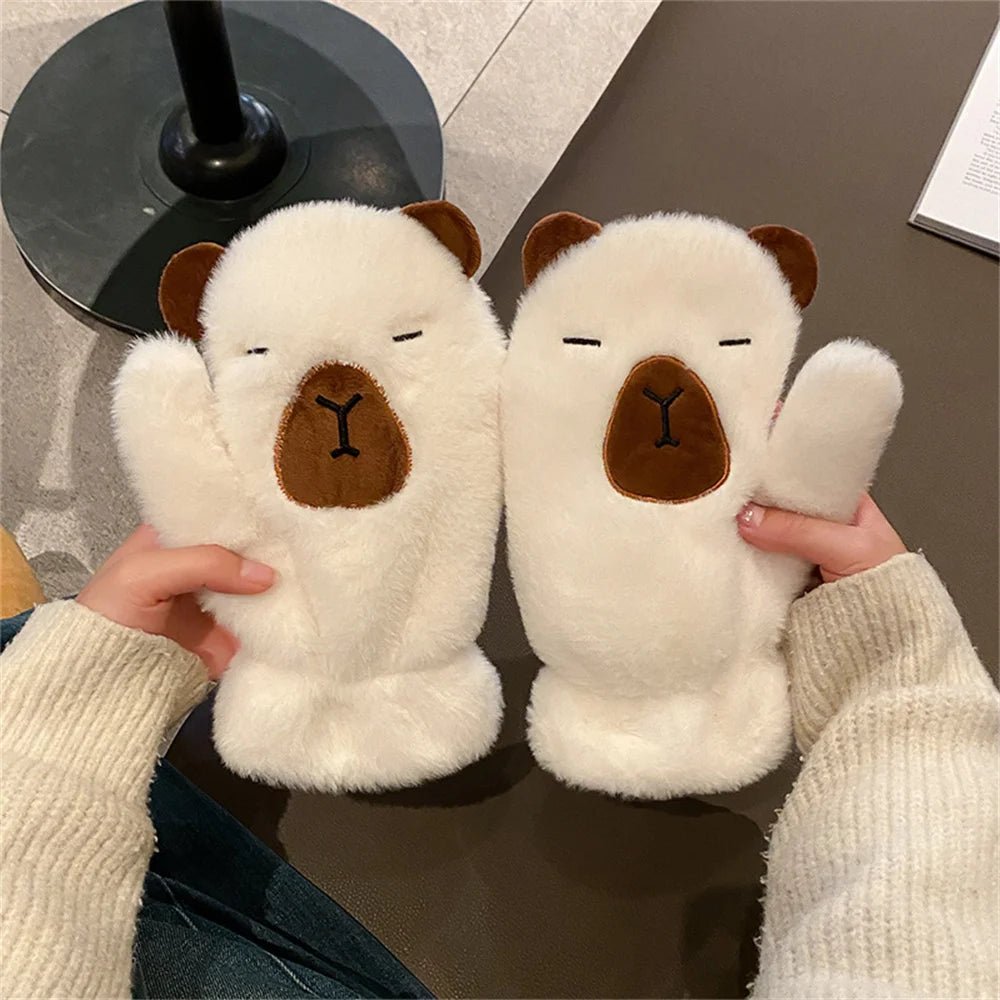 Women Girls Capybara Plush Gloves Fashion Cycling Neck Warmers Neck Scarf Windproof Mittens  Driving Running Accessories