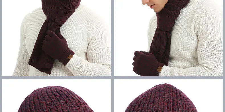 Men's Autumn Winter Keep Warm Set Beanie Gloves Scarf Male Woolen Yarn Knitted Muffler Spring Fall Hat Solid Color Neckerchief