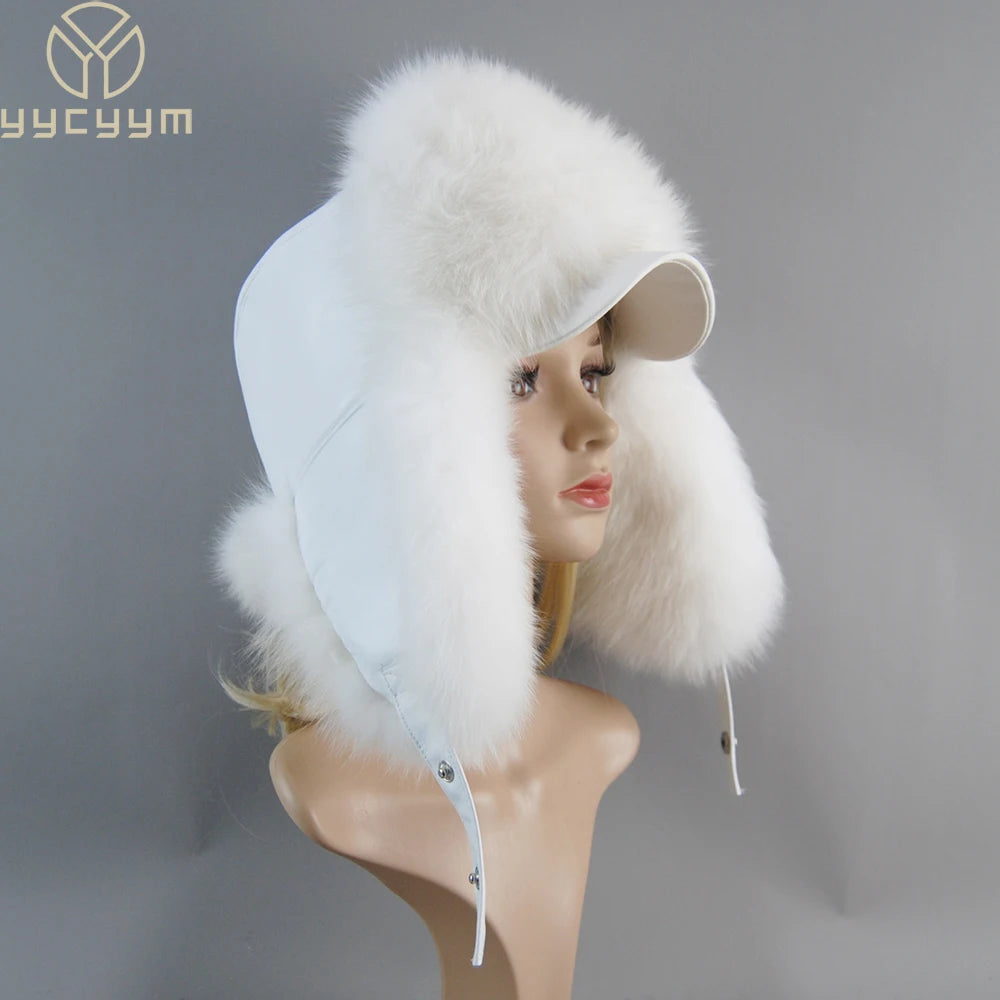 2024 Winter Women's Genuine Fox Fur Hat – 100% Natural Leather Cap with Soft, Warm, and Stylish Russian Fox Fur Bomber Hat for Casual Wear"