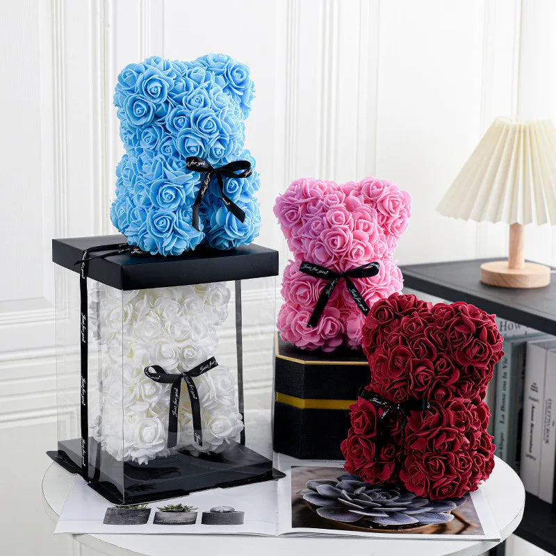 Rose Bear – 20cm Artificial Foam Flower Bear – Romantic Gift for Valentine’s Day, Anniversaries, Weddings, and Birthdays (With Gift Box)