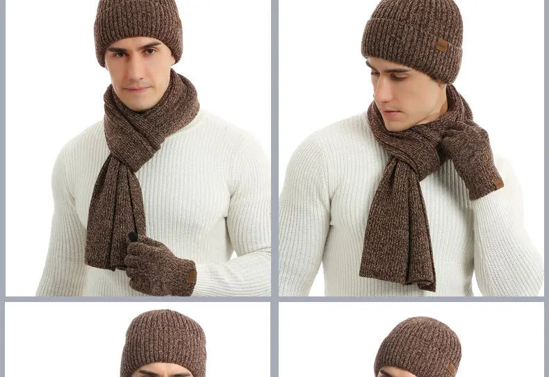 Men's Autumn Winter Keep Warm Set Beanie Gloves Scarf Male Woolen Yarn Knitted Muffler Spring Fall Hat Solid Color Neckerchief