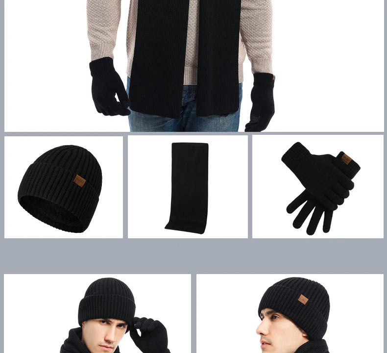 Men's Autumn Winter Keep Warm Set Beanie Gloves Scarf Male Woolen Yarn Knitted Muffler Spring Fall Hat Solid Color Neckerchief